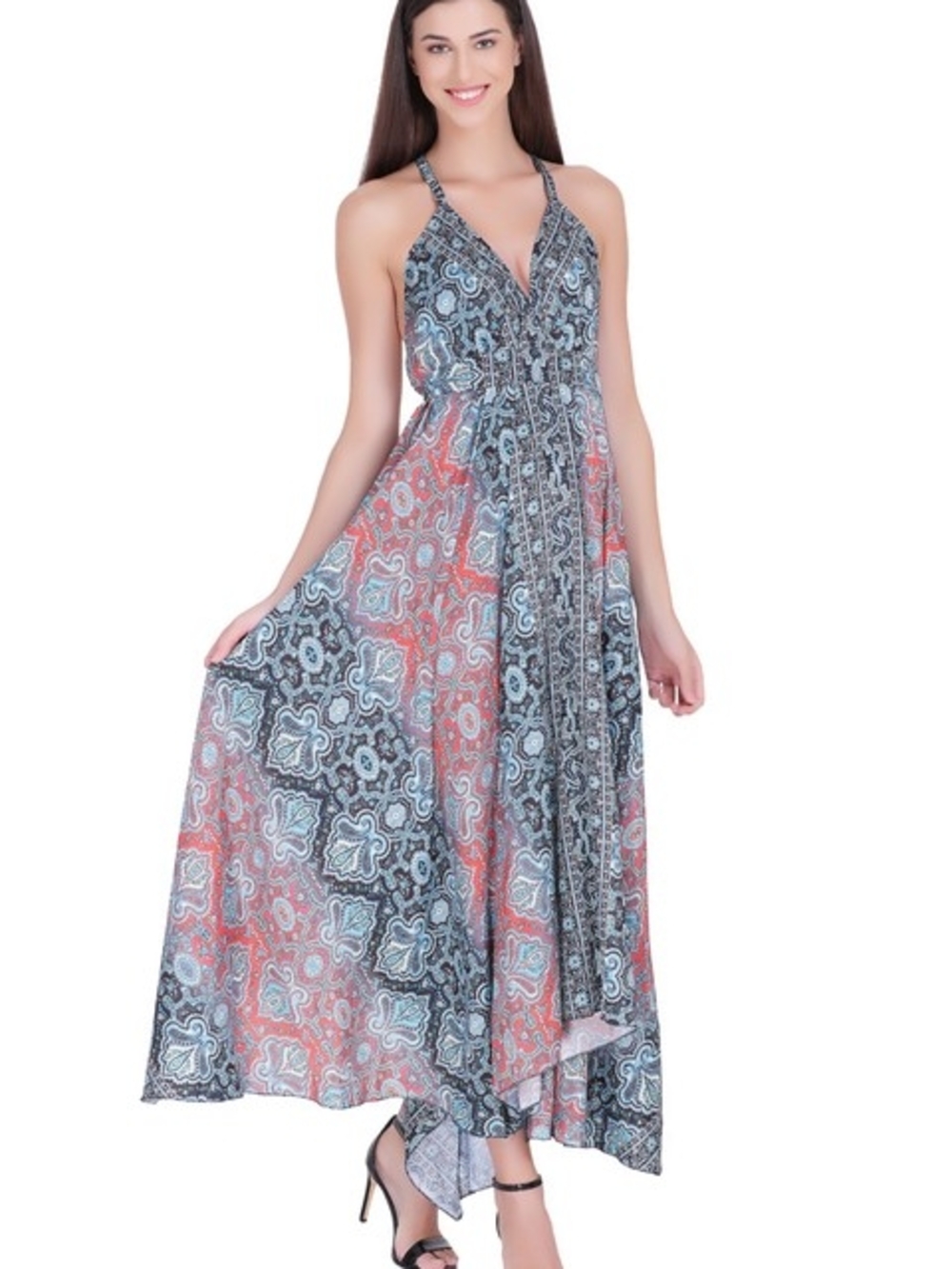 Coral & Slate Blue Halter High-Low Maxi Dress